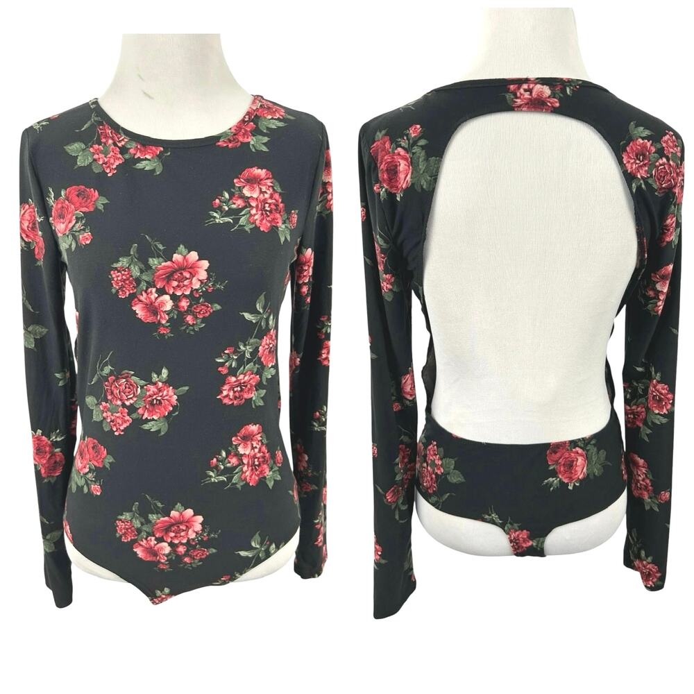 Windsor Black Red Rose Floral Open Back Long Sleeve Bodysuit Womens L